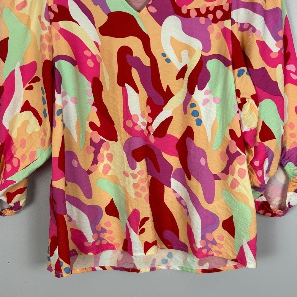 Esqualo Heat Wave Boho Retro Colourful Balloon Sleeve Blouse Size 4 Pink Orange - Picture 5 of 14